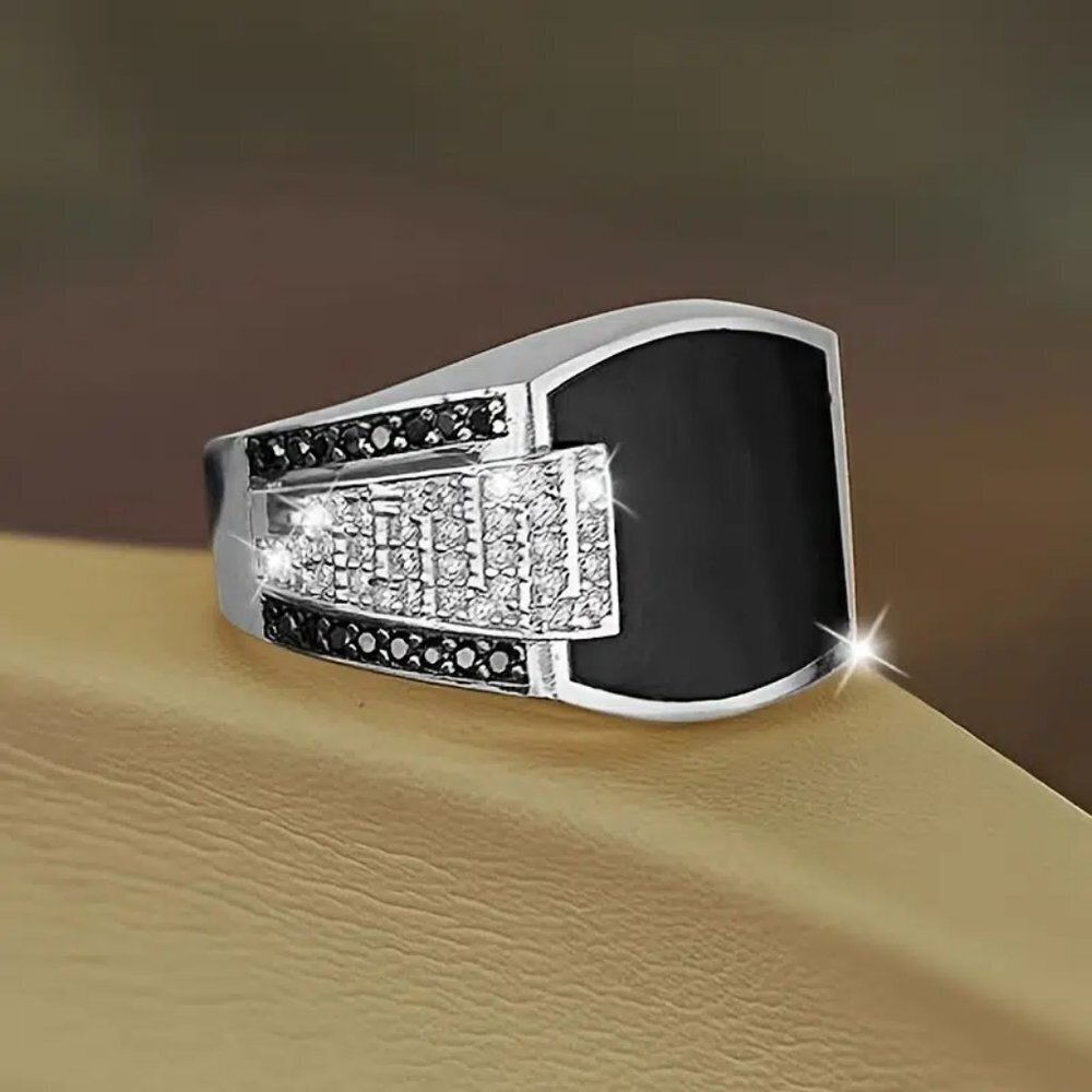 Black Agate Tungsten Steel Silver plated Mens CZ Diamond Ring